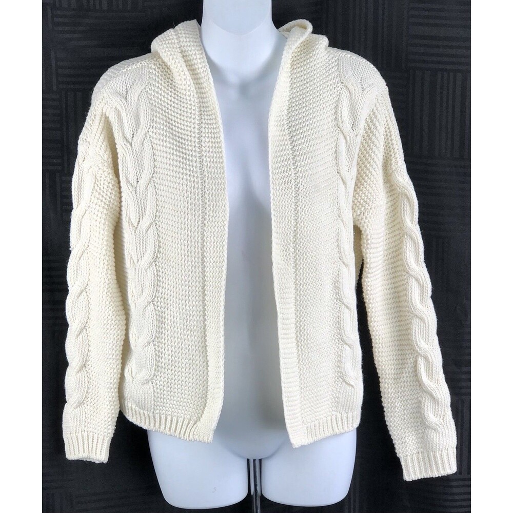 Vtg Handmade Crochet Hoodie Cardigan Sweater S Ivory Open Cottage Jacket Boho